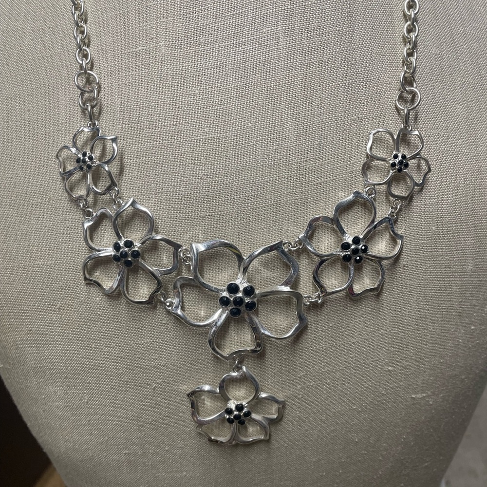 Silver Floral Bib Necklace‎ with Crystal Accents